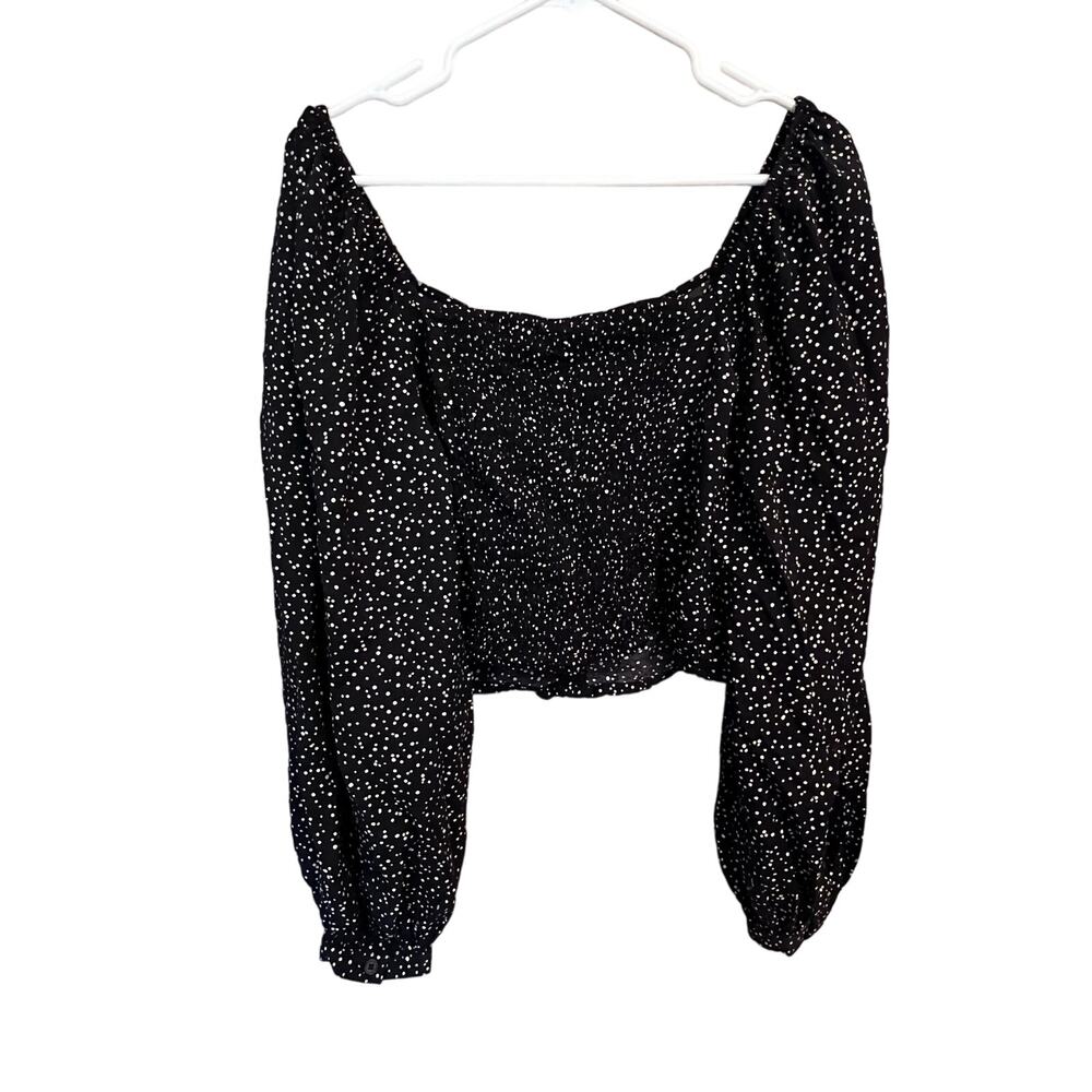 A New Day Boho Black White Balloon Sleeve Blouse Ruched Crop Top Size Medium - Picture 6 of 12